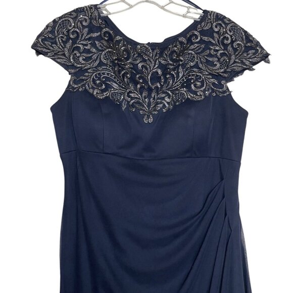 Xscape Dress Womens Size 14 Blue Embroidered Studded Short Sleeve Evening Gown - Picture 2 of 10